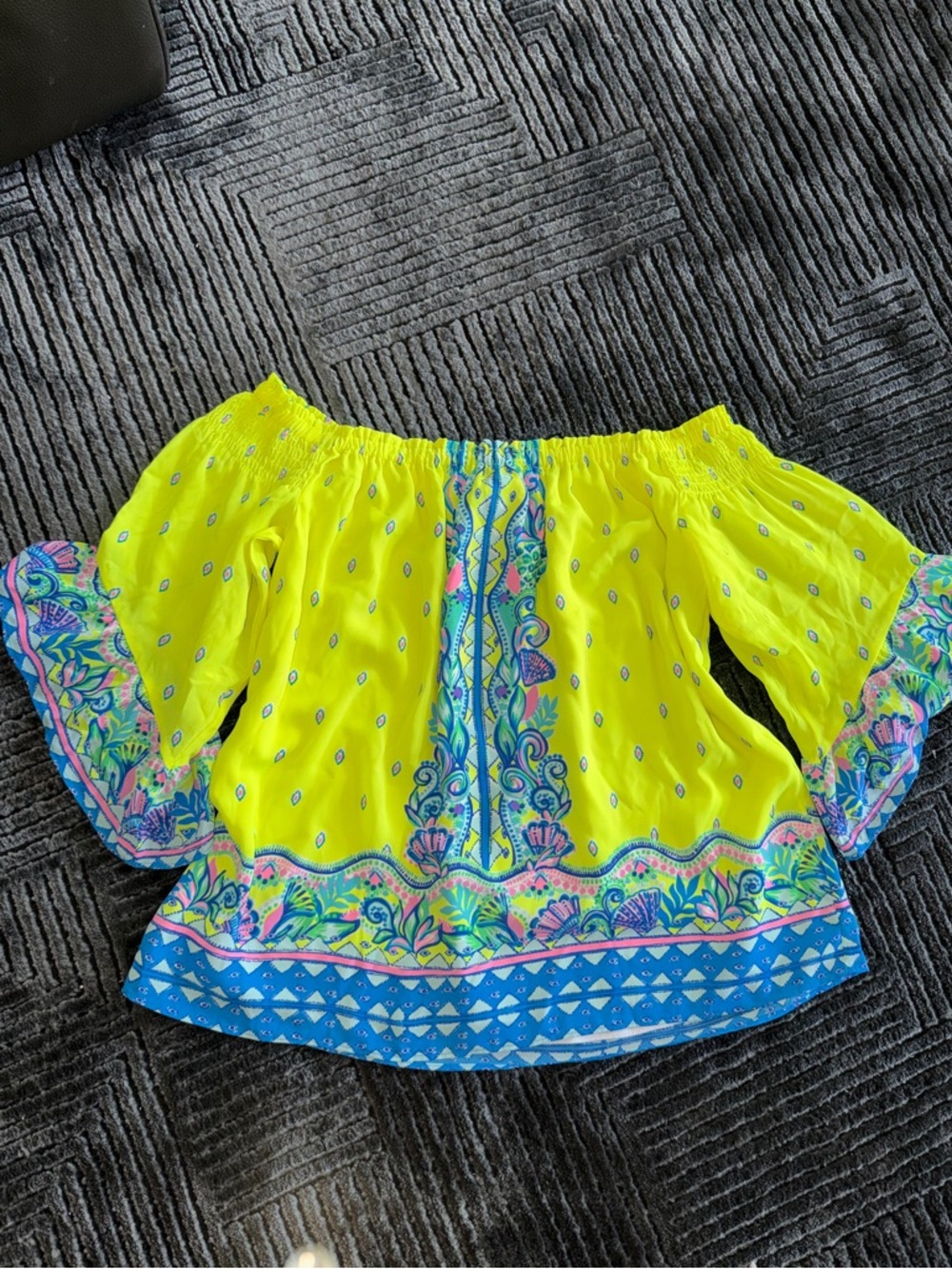 Lilly Pulitzer Neon Yellow Off-Shoulder Floral Trim Tunic